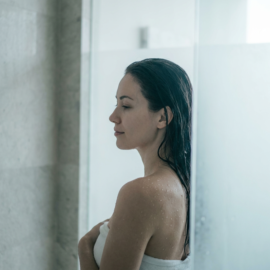 MAYÉ shower head delivering filtered water in a modern bathroom