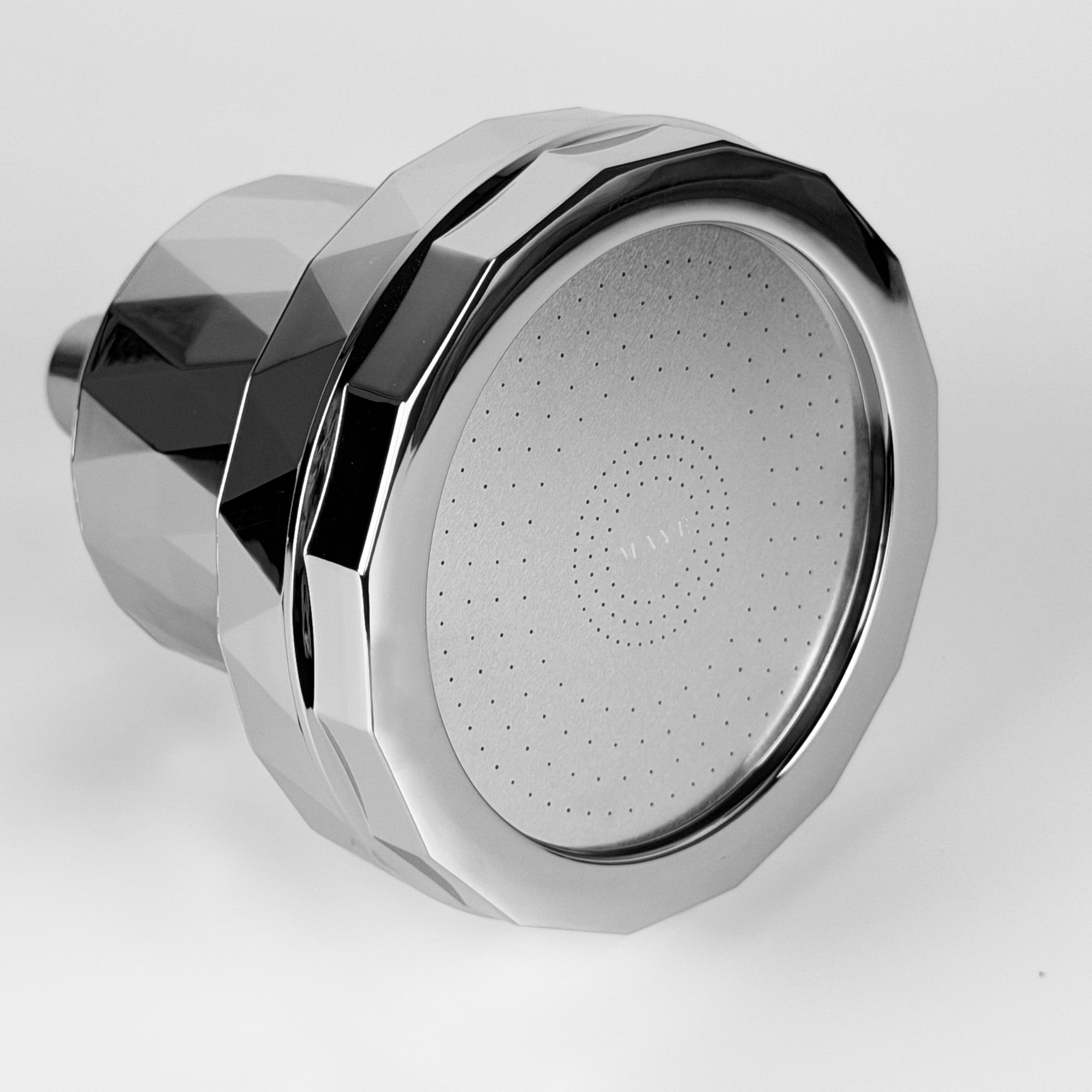 MAYÉ 8-Stage Shower Filter in Chrome — angled view showing spray face